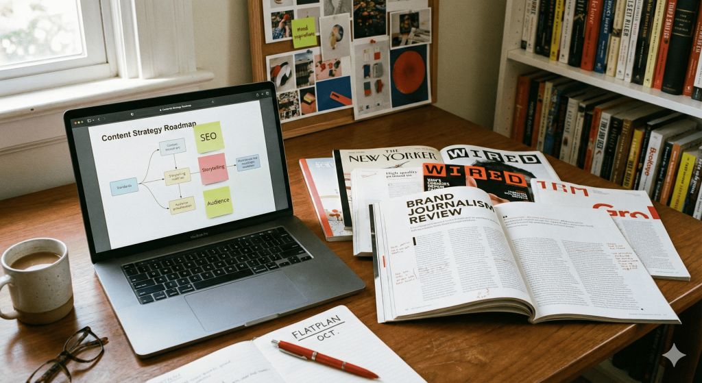 Mesa de trabajo de editor con revistas impresas y laptop, concepto de estrategia de contenidos