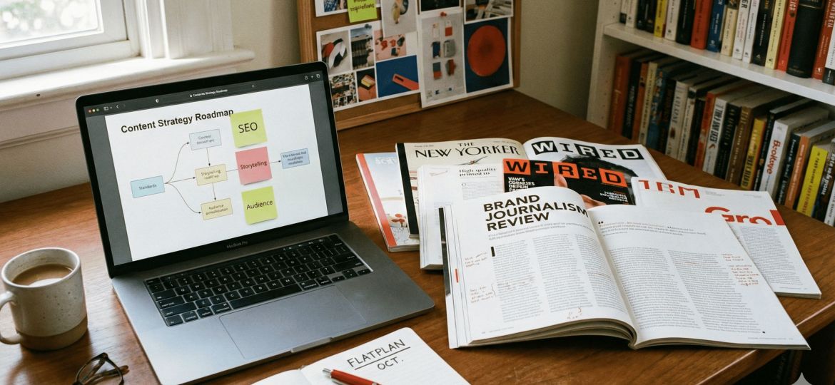 Mesa de trabajo de editor con revistas impresas y laptop, concepto de estrategia de contenidos