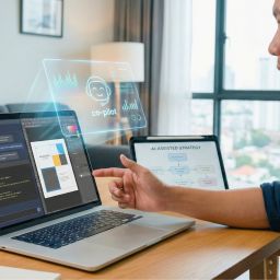 Persona trabajando en una laptop analizando esquemas de estrategia de contenidos, concepto de inteligencia artificial como copiloto estratégico.