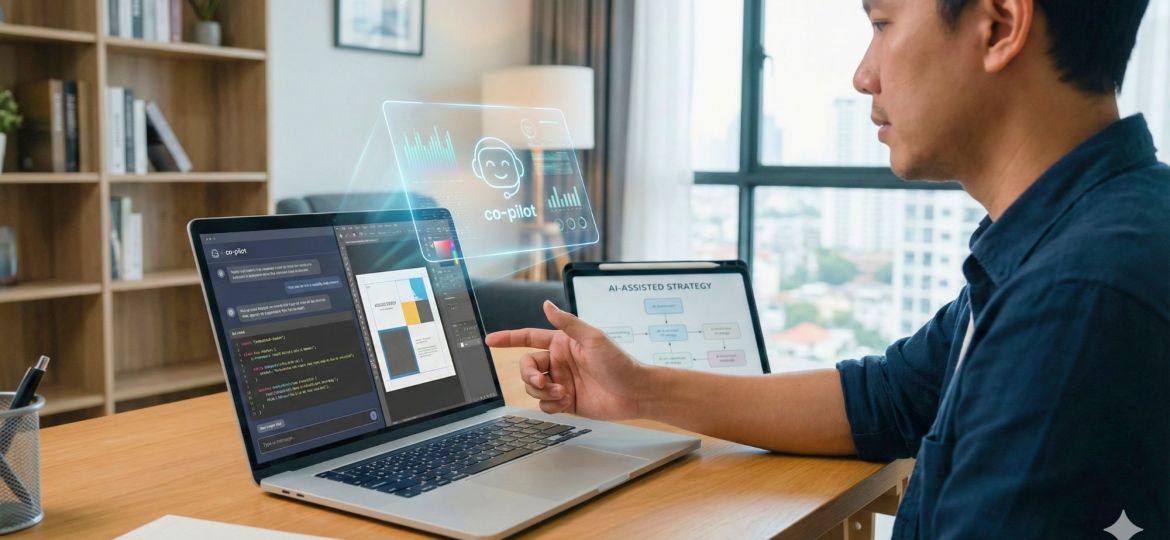 Persona trabajando en una laptop analizando esquemas de estrategia de contenidos, concepto de inteligencia artificial como copiloto estratégico.
