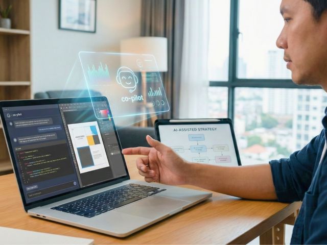 Persona trabajando en una laptop analizando esquemas de estrategia de contenidos, concepto de inteligencia artificial como copiloto estratégico.