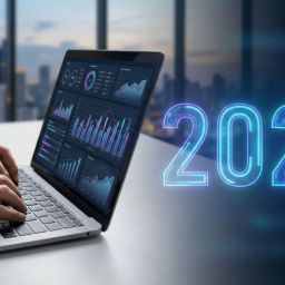 Manos trabajando en una laptop con gráficos de rendimiento en pantalla y el año 2026, concepto de tendencias de marketing y ejecución estratégica.