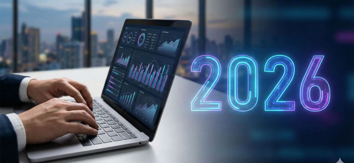 Manos trabajando en una laptop con gráficos de rendimiento en pantalla y el año 2026, concepto de tendencias de marketing y ejecución estratégica.
